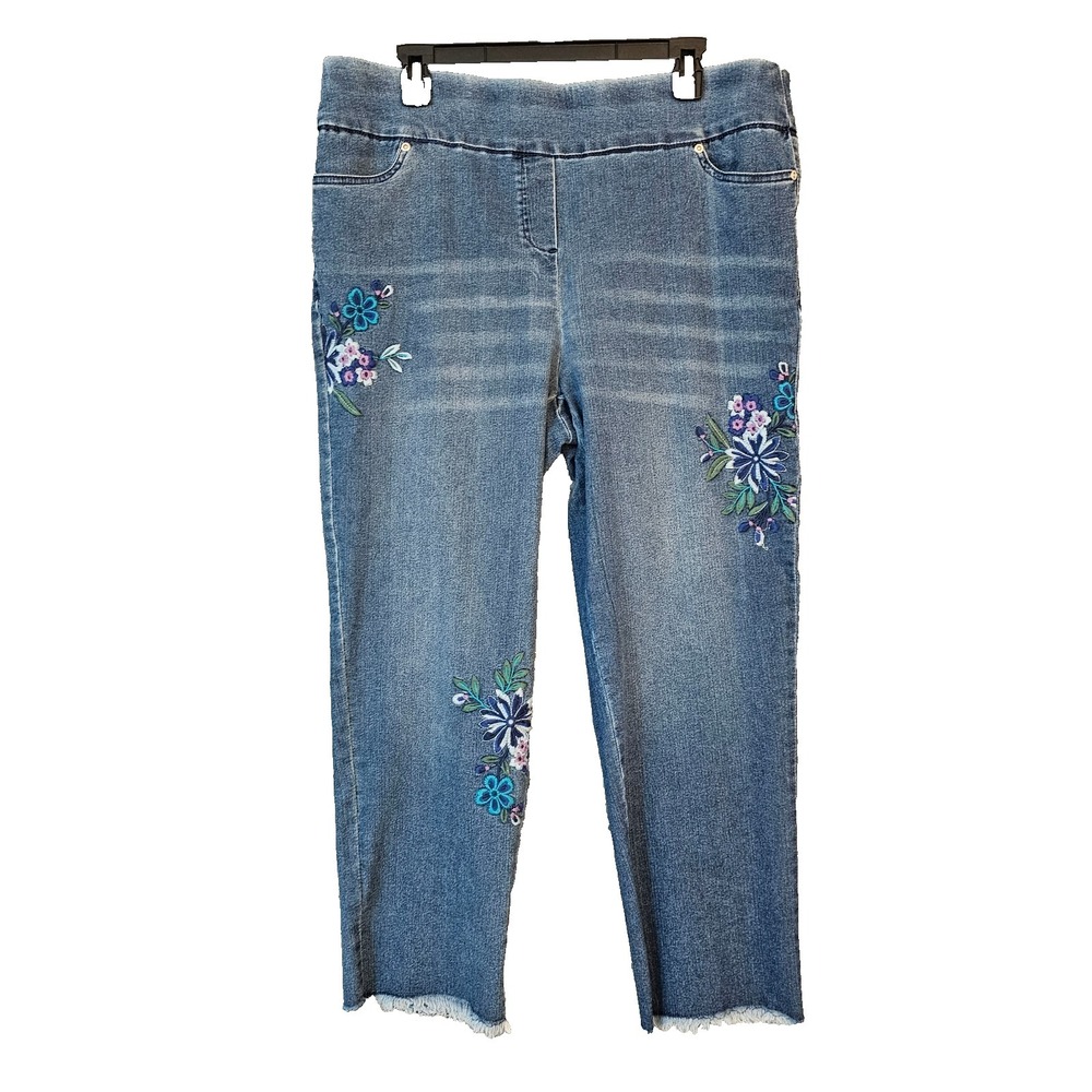 Alfred Dunner Embroidered Jeans Womens 16 Pull‑On Stretch Denim Raw Hem Blue
